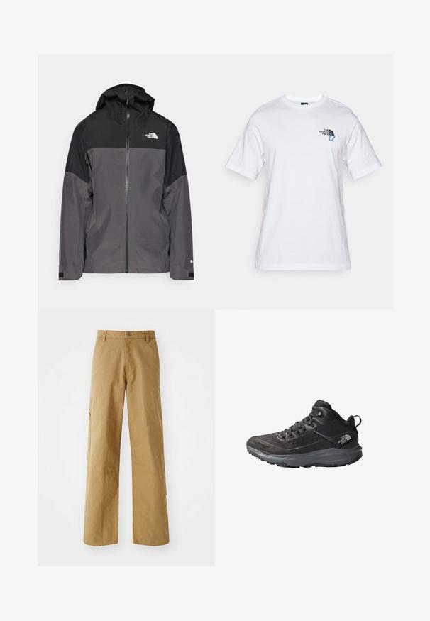 Szara wodoodporna kurtka z czarną górną częścią, zapinana na zamek, z regulowanym kapturem i elastycznymi mankietami. Posiada logo na klatce piersiowej i rękawie.; The North Face EXPLORE RELAXED UNISEX biały; Khaki spodnie cargosowe o prostym kroju, wykonane z trwałej bawełny. Posiadają boczne kieszenie i szczegóły przeszyć.; Czarne buty trekkingowe z fakturowaną cholewką, wzmocnionym noskiem i szarym outsolem. Charakteryzują się sznurowanym zapięciem i wyściełanym kołnierzem wokół kostki.