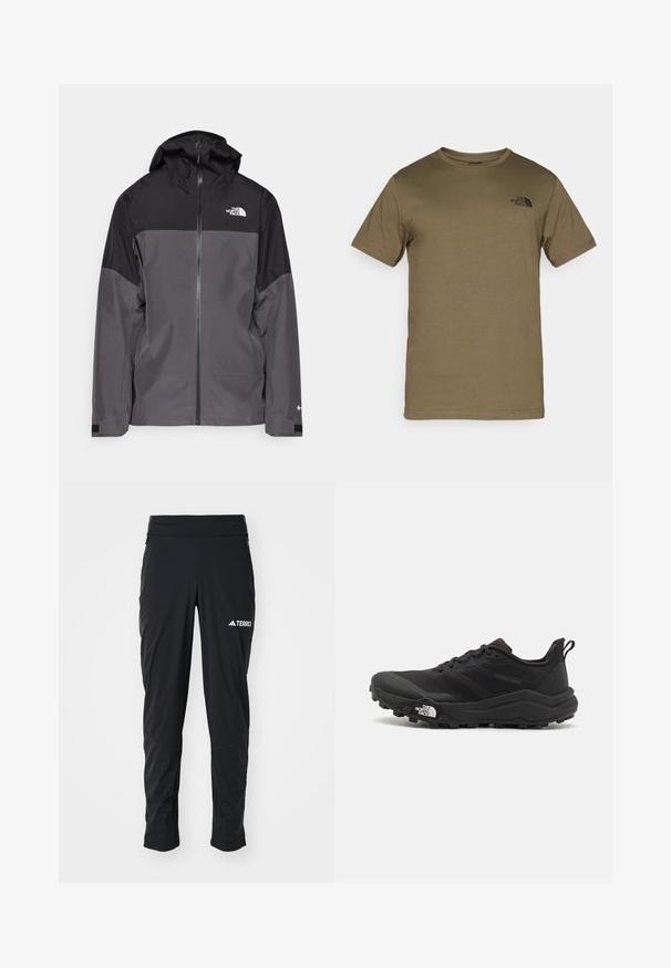 Casaco impermeável cinza com uma seção superior preta, fecho éclair à frente, capuz ajustável e punhos elásticos. Apresenta um logo no peito e na manga.; T-shirt de manga curta verde-azeitona, feito de um tecido suave, apresentando um pequeno logo preto no lado esquerdo do peito e um clássico decote redondo.; Calças exteriores pretas com um acabamento suave, apresentando bolsos com fecho zip, uma cintura ajustada e acabamentos texturizados nas pernas inferiores. Decoradas com o logótipo Terrex.; Sapatilha de trail running preta com um upper texturizado, sola de borracha e biqueira reforçada. Possui um colarinho acolchoado e uma alça para facilitar o calçar.