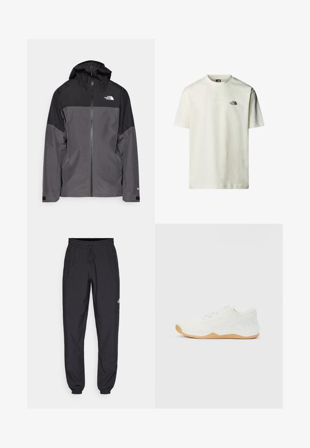 Grijze waterdichte jas met een zwart bovenstuk, een rits aan de voorkant, een verstelbare capuchon en elastische manchetten. Bevat logo op de borst en de mouw.; Katoenen T-shirt in off-white met korte mouwen, ronde hals en een klein zwart logo op de linkerkant van de borst. Glad oppervlak.; Zwarte sportieve broek gemaakt van lichtgewicht stof, met een trekkoord in de taille, zijzakken en taps toelopende boorden bij de enkels.; Witte lage sportieve schoen met gebreide bovenkant, beige rubberen zool, veters en een verheven "TYR"-logo aan de zijkant van de hiel.