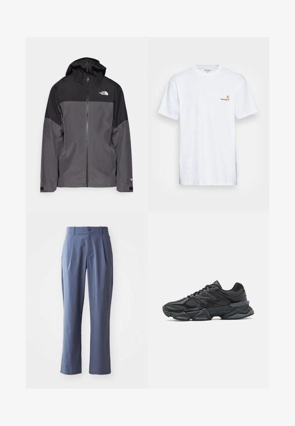 Šedá nepromokavá bunda s černou horní částí, zipem vpředu, nastavitelnou kapucí a elastickými manžetami. Na hrudi a rukávu je logo.; Bílé bavlněné tričko s krátkým rukávem. Navrženo s malým oranžovým a vínovým logem na levé části hrudi. Obsahuje klasický kulatý výstřih.; Námořnické modré kalhoty s záhyby, rovného střihu, vyrobené z lehké tkaniny, s jedním předním knoflíkem a poutky na opasek.; Černá běžecká bota s kombinací síťoviny a syntetických materiálů, masivní podešev, zakřivený design a výrazné logo na boku.