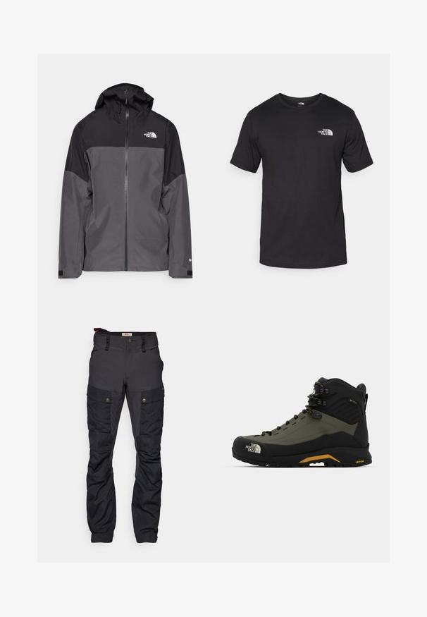 Hallide hall matroos jope, millel on must ülemine osa, lukuga esiosa, reguleeritav kapuuts ja elastsed varrukad. Selles on rinnal ja varrukal logo.; Must have lühikeste varrukatega must T-särk, mis on valmistatud puuvillast, ümmarguse kaelusega ja väikese valge logoga vasakus ülanurgas.; Mustad mustrinahad, mis on valmistatud sujuvast ja tekstureeritud kangast, mitme tasku ja nööbiga sulgemisega, sobivad välistingimustes kasutamiseks.; Mustad matkasaapad mustas ja oliivrohelises värvuses, valmistatud sünteetilistest materjalidest, kõrge säärega, nööride süsteemiga ja Vibrami väljal aitab tagada haarduvuse.