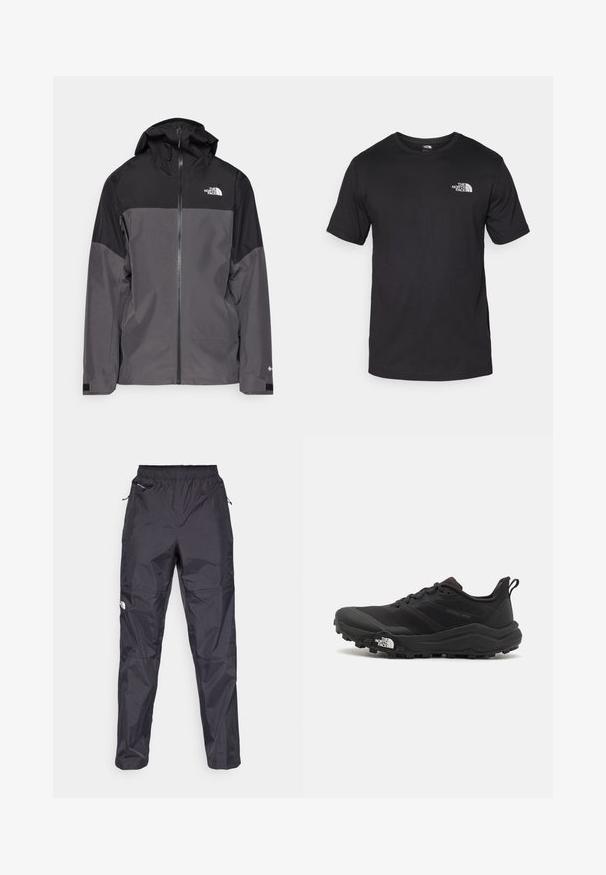 Siva vodoodbojna jakna z črnim zgornjim delom, zadrgo spredaj, nastavljivo kapuco in elastičnimi manšetami. Ima logotip na prsih in rokavih.; Črna kratko sleeved majica iz bombaža, s krožnim izrezom in majhnim belim logotipom na zgornjem levem delu prsnega koša.; Črne vodoodporne hlače, izdelane iz lahkega in teksturiranega materiala. Imajo elastičen pas in žepne zadrge.; Črne tekaške čevlje za trail s teksturirano zgornjega dela, gumijastim podplatom in ojačanim zaključkom prstov. Vključuje oblazinjen ovratnik in zanko za enostavno obuvanje.