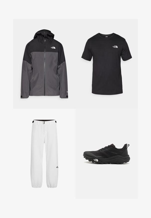 Pilkas vandeniui atsparus švarkas su juodu viršutiniu įdėklu, užtrauktuku priekyje, reguliuojamu gaubtu ir elastingomis rankovėmis. Yra logotipas ant krūtinės ir rankovės.; Juodas trumpas rankovės marškinėliai, pagaminti iš medvilnės, su apvaliu kaklu ir mažu baltu logotipu viršutiniame kairiajame krūtinės kampe.; Baltos kelnės su prigludusia liemene, dviem metaliniais mygtukais ir elastingomis guminėmis apyrankėmis. Kairiajame šlaunyje yra trikampio logotipas. Lygus audinio tekstūra.; Juoda bėgimo batai su tekstūruotu paviršiumi, guma padais ir sustiprinta pirštų dalimi. Yra paminkštinta apykaklė ir kilpos, leidžiančios lengvai užsidėti.