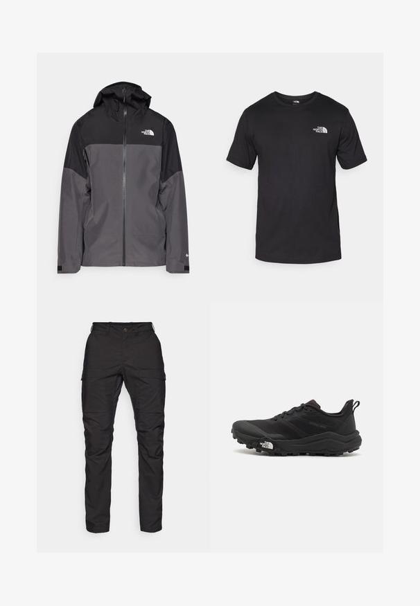 Šedá nepromokavá bunda s černou horní částí, zipem vpředu, nastavitelnou kapucí a elastickými manžetami. Na hrudi a rukávu je logo.; Černé tričko s krátkým rukávem vyrobené z bavlny, s kulatým výstřihem a malým bílým logem na horní levé části hrudi.; Černé cargo kalhoty vyrobené z odolné látky, se dvěma bočními kapsami, zapínáním na knoflík a zúženými nohavicemi, s hladkou texturou.; Černé trailové běžecké boty s texturovaným svrškem, gumovou podrážkou a vyztuženou špičkou. Obsahují polstrovaný límec a poutko pro snadné obouvání.