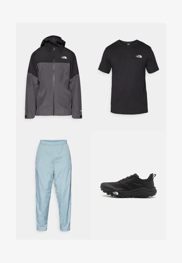 Pelēks ūdensnecaurlaidīgs mētelis ar melnu augšējo daļu, ar rāvējslēdzēja priekšpusi, regulējamu kapuci un elastīgām aprocēm. Iekļauj logotipu uz krūtīm un piedurknēm.; Melna īsām piedurknēm T-krekls, kas izgatavots no kokvilnas, ar apaļu dekoltē un nelielu baltu logotipu augšējā kreisajā krūtīs.; Gaiši zili, viegli, krunkaini auduma bikses ar elastīgu jostasviedru un sašaurinātām kājām, ar sānu kabatām un ikdienišķu dizainu.; Melnas taku skriešanas kurpes ar teksturētu virsu, gumijas zoli un pastiprinātu pirkstu daļu. Aprīkotas ar mīkstu apkakli un vilkšanas cilpu, lai viegli uzvilktu.