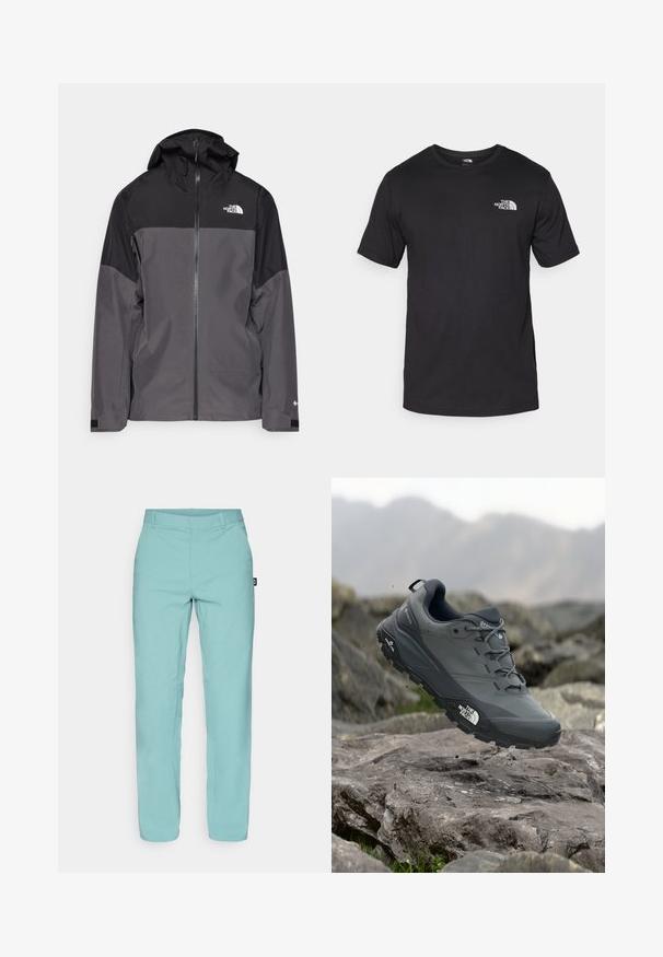 Siva vodootporna jakna s crnim gornjim dijelom, s patentnim zatvaračem sprijeda, podesivim kapuljačom i elastičnim manžetama. Ima logo na prsima i rukavu.; Crna majica kratkih rukava od pamuka, s okruglim izrezom i malim bijelim logotipom na gornjem lijevom dijelu prsnog koša.; Svijetloplave hlače izrađene od lagane tkanine, s ravnim krojem, ravnim prednjim dijelom i malom oznakom branda sa strane.; Sive trail trkačka cipela s teksturiranim gornjim dijelom, izdržljivom gumenom potplatom i ojačanim vrhom. Ima vezice i logotip branda sa strane.