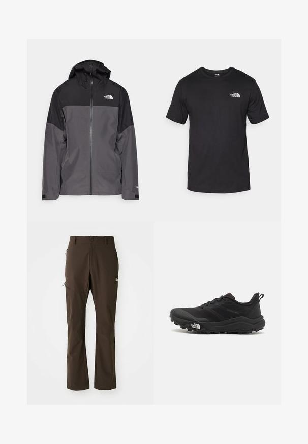 Harmaa vedenpitävä takki, jossa on musta yläosa, vetoketjullinen etuosa, säädettävä huppu ja joustavat hihansuut. Rinnassa ja hihassa on logo.; Mustat lyhythihaiset t-paidat, jotka on valmistettu puuvillasta. paidassa on pyöreä pääntie ja pieni valkoinen logo vasemmassa ylärintataskussa.; Jack Wolfskin HOLDSTEIG PANTS - Ulkohousut - peat; Musta maastojuoksukengät, joissa on teksturoitu päällinen, kumipohja ja vahvistettu varvastoppia. Varusteena pehmustettu nilkkakappale ja vetotappi helppoa pukemista varten.