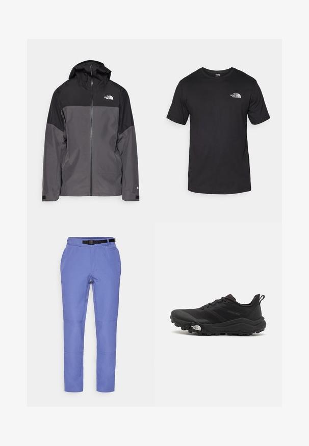 Casaco impermeável cinza com uma seção superior preta, fecho éclair à frente, capuz ajustável e punhos elásticos. Apresenta um logo no peito e na manga.; T-shirt preto de manga curta feito de algodão, com um decote redondo e um pequeno logótipo branco na parte superior esquerda do peito.; Calças azul claro com corte direito, apresentando um cinto, bolsos frontais e detalhes de costura nos joelhos. Feitas de um tecido liso e texturizado.; Sapatilha de trail running preta com um upper texturizado, sola de borracha e biqueira reforçada. Possui um colarinho acolchoado e uma alça para facilitar o calçar.