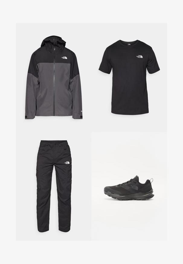 Siva vodootporna jakna s crnim gornjim dijelom, s patentnim zatvaračem sprijeda, podesivim kapuljačom i elastičnim manžetama. Ima logo na prsima i rukavu.; Crna majica kratkih rukava od pamuka, s okruglim izrezom i malim bijelim logotipom na gornjem lijevom dijelu prsnog koša.; Crne cargo hlače izrađene od lagane tkanine. Imaju bočne džepove sa patentnim zatvaračem i logo na lijevom bedru. Dizajn ravnih nogavica.; Crne sportske tenisice s mrežastim gornjim dijelom, gumiranom potplatom i podstavljenim rubom. Imaju vezice, logo sa strane i teksturirani dizajn.