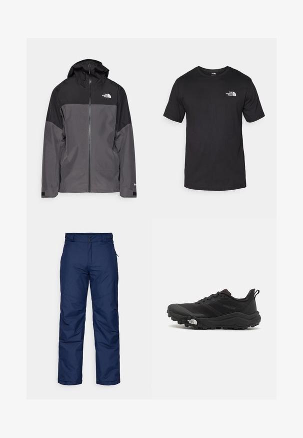 Szürke vízálló dzseki fekete felső résszel, cipzáros elülső rész, állítható kapucni és rugalmas mandzsetta. A mellkason és az ujjon logóval ellátva.; Fekete rövidujjú pamut póló, kerek nyakkivágással, a bal felső mellkason egy kis fehér logóval.; Tengerészkék, szigetelt hó nadrág, egyenes szárú kialakítással, két elülső gombbal, oldalsó zsebekkel és sima, texturált anyaggal.; Fekete terepfutó cipő, textúrált felső résszel, gumitalppal és megerősített lábujjrészével. Párnázott bokarésszel és húzófüllel rendelkezik a könnyű felhúzáshoz.