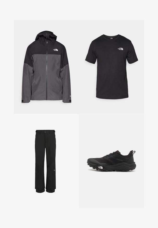 Grå vandtæt jakke med en sort overdel, lynlås foran, justerbar hætte og elastiske manchetter. Har logo på brystet og ærmet.; Sort kortærmet t-shirt lavet af bomuld, med rund halsudskæring og et lille hvidt logo på den øverste venstre brystområde.; Sorte skibukser lavet af vandtæt stof med en afslappet pasform. Funktioner inkluderer lynlåslommer og justerbare manchetter for en sikker pasform.; Sort trail løbesko med en struktureret overdel, gummisål og forstærket tåhætte. Har en polstret krave og en pull-tab til nem påtagning.