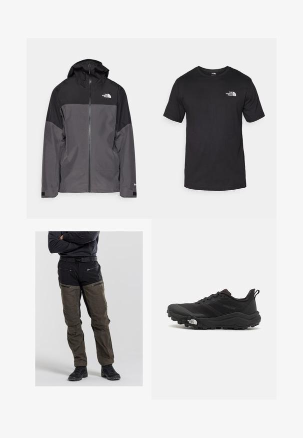 Grijze waterdichte jas met een zwart bovenstuk, een rits aan de voorkant, een verstelbare capuchon en elastische manchetten. Bevat logo op de borst en de mouw.; Zwarte T-shirt met korte mouwen van katoen, voorzien van een ronde halslijn en een klein wit logo op de bovenste linkerkant van de borst.; Heren buitenbroeken in zwart en olijfgroen. Gemaakt van duurzaam materiaal met ritszakken en verstevigde knieën. Inclusief riem.; Zwarte trailrunning schoen met een gestructureerde bovenkant, rubberen zool en versterkte neus. Voorzien van een gevoerde kraag en een trekhaak voor eenvoudig aan- en uittrekken.