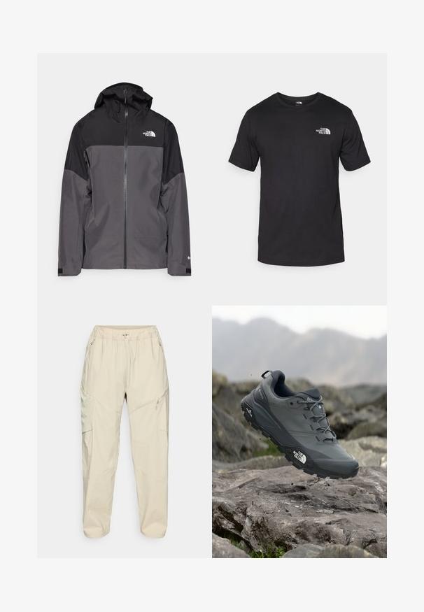 Harmaa vedenpitävä takki, jossa on musta yläosa, vetoketjullinen etuosa, säädettävä huppu ja joustavat hihansuut. Rinnassa ja hihassa on logo.; Mustat lyhythihaiset t-paidat, jotka on valmistettu puuvillasta. paidassa on pyöreä pääntie ja pieni valkoinen logo vasemmassa ylärintataskussa.; Vaaleat beige kevyet cargo-housut joustavalla vyötäröllä, vetoketjullisilla sivutaskuilla ja kapenevalla lahjesuunnitelmalla rentoa istuvuutta varten.; Harmaa polkujuoksukenkä, jossa on teksturoitu päällinen, kestävä kumipohja ja vahvistettu varvastoppa. Varustettu nauhoilla ja brändin logolla sivussa.