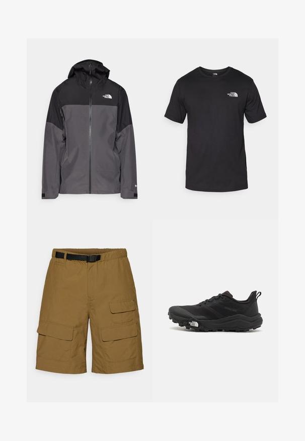 Pelēks ūdensnecaurlaidīgs mētelis ar melnu augšējo daļu, ar rāvējslēdzēja priekšpusi, regulējamu kapuci un elastīgām aprocēm. Iekļauj logotipu uz krūtīm un piedurknēm.; Melna īsām piedurknēm T-krekls, kas izgatavots no kokvilnas, ar apaļu dekoltē un nelielu baltu logotipu augšējā kreisajā krūtīs.; Kaki krāsas cargo šorti, ar elastīgu jostasvietu un melnu jostu, divām sānu kabatām un divām cargo kabatām ar atloku aizvēršanām.; Melnas taku skriešanas kurpes ar teksturētu virsu, gumijas zoli un pastiprinātu pirkstu daļu. Aprīkotas ar mīkstu apkakli un vilkšanas cilpu, lai viegli uzvilktu.