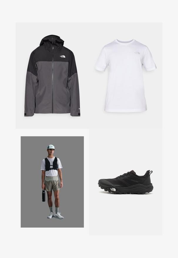 Harmaa vedenpitävä takki, jossa on musta yläosa, vetoketjullinen etuosa, säädettävä huppu ja joustavat hihansuut. Rinnassa ja hihassa on logo.; Valkoinen puuvillapaidan lyhyet hihat ja pyöreä kaula-aukko. Vasemmassa rinnassa on pieni harmaa logo. Suloinen rakenne, normaali istuvuus.; Urheilija valkoisessa verkkopaidassa, mustassa valjaassa, vaaleissa shortseissa, harmaissa sukissa ja valkoisissa kengissä, pitää mustaa vesipulloa.; Musta maastojuoksukengät, joissa on teksturoitu päällinen, kumipohja ja vahvistettu varvastoppia. Varusteena pehmustettu nilkkakappale ja vetotappi helppoa pukemista varten.