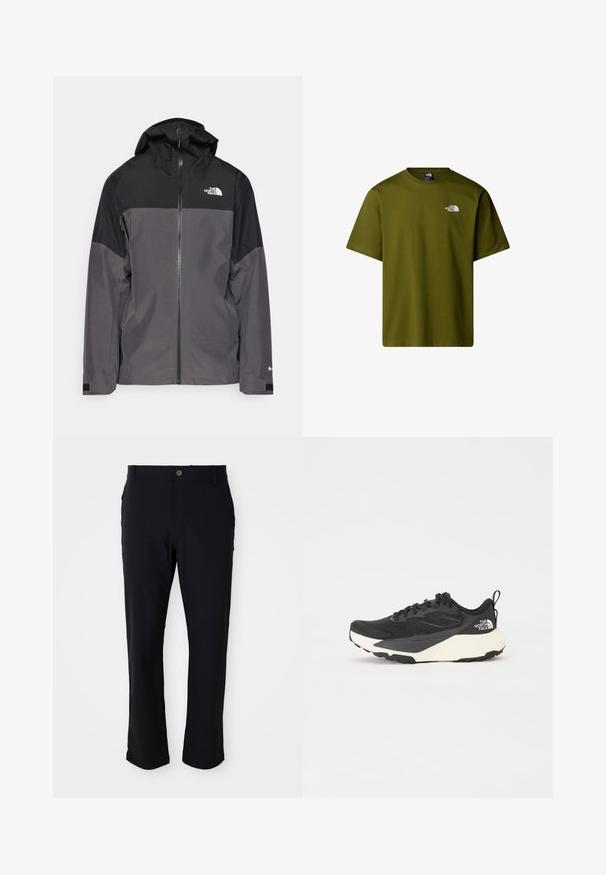 Veste imperméable grise avec une section supérieure noire, fermeture éclair à l'avant, capuche ajustable et poignets élastiques. Présente un logo sur la poitrine et la manche.; T-shirt en coton vert olive à manches courtes, col rond et logo blanc minimal sur la zone gauche de la poitrine. Texture lisse et coupe décontractée.; Pantalon noir avec fermeture à bouton, coupe droite, texture lisse et poches latérales, adapté à diverses occasions.; Chaussure de sport noire avec une tige en mesh texturé, accents noirs solides et semelle extérieure légère blanche. Dispose d'un système de laçage et d'une tirette.