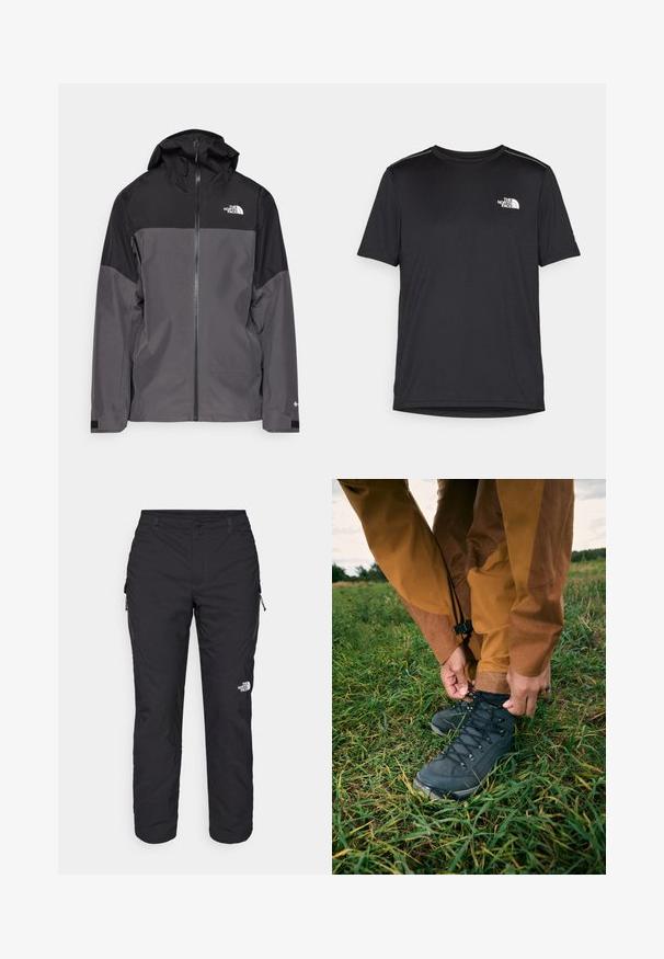 Grau wasserfeste Jacke mit schwarzem oberen Abschnitt, Reißverschluss vorne, verstellbarer Kapuze und elastischen Bündchen. Mit Logo auf der Brust und dem Ärmel.; Schwarzes T-Shirt mit kurzen Ärmeln aus leichtem Stoff. Mit einem kleinen weißen Logo auf der linken Brust und dezenten Akzenten an den Schultern.; The North Face WINTER EXPLORATION TAPERED CARGO - Outdoor-Hose - black; Schwarze Wanderschuhe mit strukturierten Obermaterialien und Schnürsenkeln, getragen mit braunen wasserdichten Hosen, auf grünem Gras unter einem bewölkten Himmel.