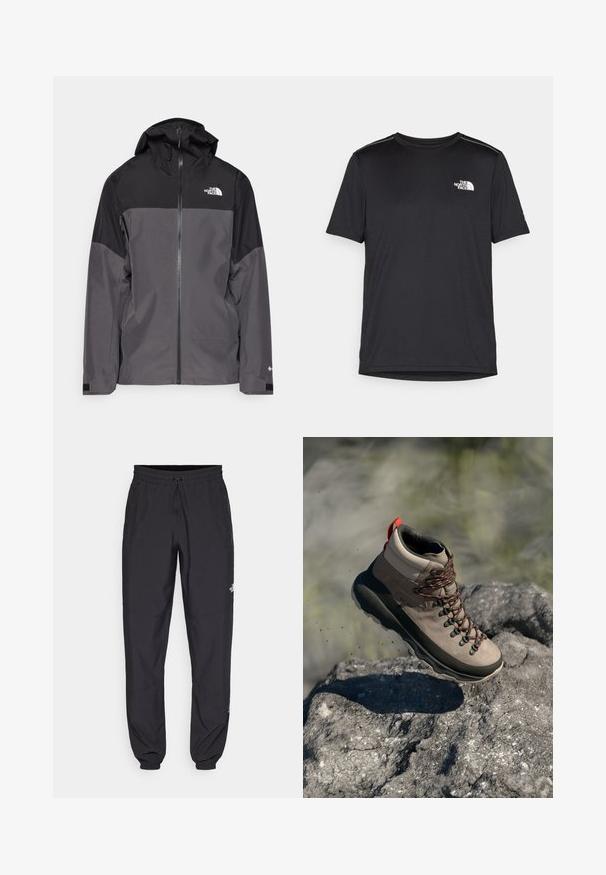 Pelēks ūdensnecaurlaidīgs mētelis ar melnu augšējo daļu, ar rāvējslēdzēja priekšpusi, regulējamu kapuci un elastīgām aprocēm. Iekļauj logotipu uz krūtīm un piedurknēm.; Melnas īsām piedurknēm T-kreklas, izgatavots no viegla auduma. Uz kreisā krūtīm ir neliels balts logo un smalki plecu akcenti.; Melni sporta bikses, kas izgatavotas no viegla auduma, ar savelcamu jostu, sānu kabatām un sašaurinātiem apakšējiem galiem pie potītēm.; Pārgājienu apavi taupe krāsas zamšā ar tumšu gumijas zoli, ar sarkaniem akcentiem, metāliskām acīm un oranžām šņorēm, pacelti virs akmeņainas virsmas.