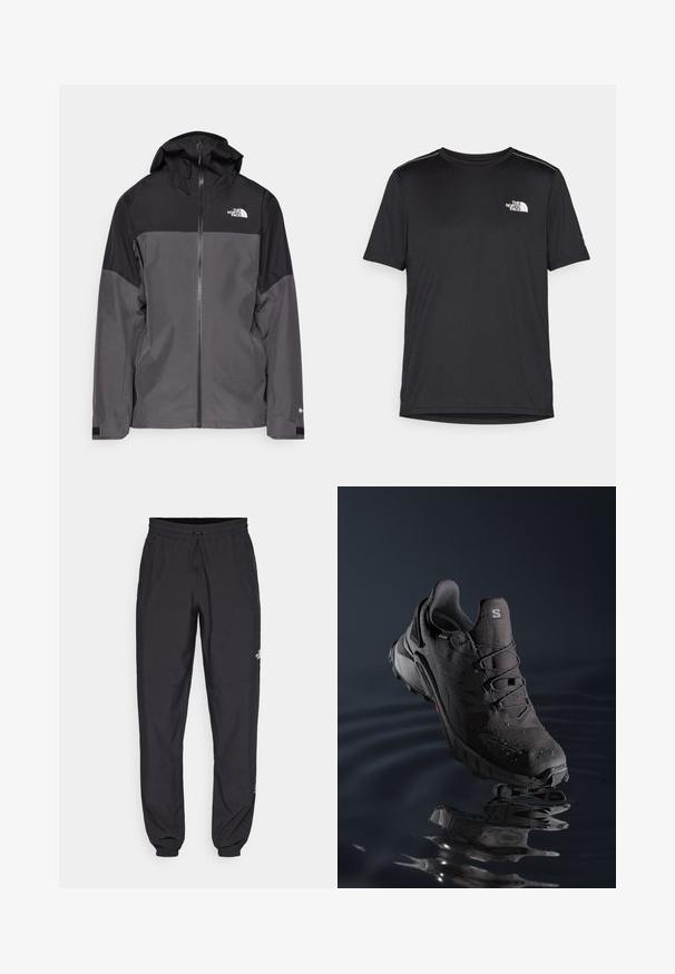 Veste imperméable grise avec une section supérieure noire, fermeture éclair à l'avant, capuche ajustable et poignets élastiques. Présente un logo sur la poitrine et la manche.; T-shirt noir à manches courtes en tissu léger. Présente un petit logo blanc sur la poitrine gauche et des accents subtils aux épaules.; Pantalon de sport noir en tissu léger, avec une taille à cordon, des poches latérales et des chevilles resserrées.; Chaussure de trail noire avec un supérieur texturé, un système de laçage et une semelle extérieure en caoutchouc. Comprend un matériau résistant à l'eau et des accents rouges.