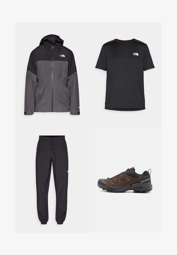 Pilkas vandeniui atsparus švarkas su juodu viršutiniu įdėklu, užtrauktuku priekyje, reguliuojamu gaubtu ir elastingomis rankovėmis. Yra logotipas ant krūtinės ir rankovės.; Juodas trumpas rankovės marškinėliai, pagaminti iš lengvos medžiagos. Yra mažas baltas logotipas kairiajame krūtinės pusėje ir subtilūs pečių akcentai.; Juodos sportinės kelnės, pagamintos iš lengvos medžiagos, su raišteliu liemens srityje, šoniniais kišenėmis ir siaurėjantys apykaklės prie kulkšnies.; Rudos žygio batai su tinkleliu ir šviesiu odos apdaila, juodais akcentais, tekstūruota padais ir elastinga raištelių sistema, užtikrinančia tvirtą prigludimą. Šone yra logotipas.