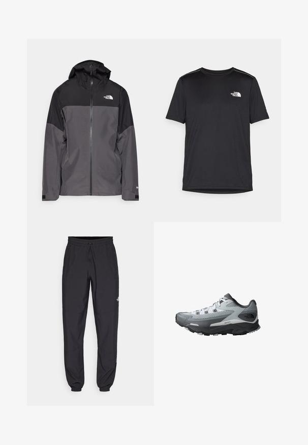 Hallide hall matroos jope, millel on must ülemine osa, lukuga esiosa, reguleeritav kapuuts ja elastsed varrukad. Selles on rinnal ja varrukal logo.; Must mustaöödiga must T-särk, mis on valmistatud kerge riidekanga. Esiküljel on vasakul rinnal väike valge logo ning õlgadel on peened aktsendid.; Mustavad sportlikud püksid, mis on valmistatud kergest kangast, joonlauaga taljest, küljetaskudega ja kitsenevate varrukatega pahkluude juures.; Mägede jooksmiseks mõeldud jalanõud, millel on hall ja must värvigamma, võrgupealne materjal, tugev tald ning tekstuuriga detailid haardeks.