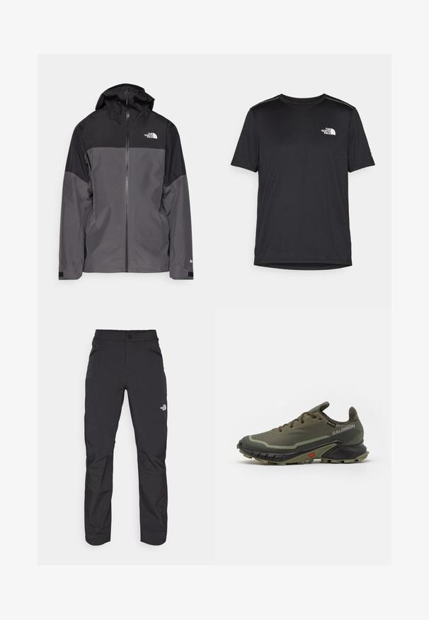 Hallide hall matroos jope, millel on must ülemine osa, lukuga esiosa, reguleeritav kapuuts ja elastsed varrukad. Selles on rinnal ja varrukal logo.; Must mustaöödiga must T-särk, mis on valmistatud kerge riidekanga. Esiküljel on vasakul rinnal väike valge logo ning õlgadel on peened aktsendid.; Mustad mustad püksid, millel on lukuga eesmine tasku, sünteetilisest materjalist, kitsenevad jalad ja tugevdatud põlvepaneelid. Omab nööbiga sulgemist.; Olivroheline jooksushüved tekstuurse kangas ülemise osa, must kummist tallaga, ümar varvas ja reguleeritav lipsukujundus. Omab punaseid aktsente.