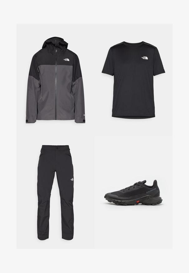 Gray waterproof jacket with a black upper section, zippered front, adjustable hood, and elastic cuffs. Features logo on chest and sleeve.; Black short-sleeve T-shirt made from lightweight fabric. Features a small white logo on the left chest and subtle shoulder accents.; Black outdoor pants with a zippered front pocket, synthetic material, tapered legs, and reinforced knee panels. Features a button closure.; Black trail running shoes featuring a breathable upper, textured fabric, red accent on the sole, and aggressive tread for grip.