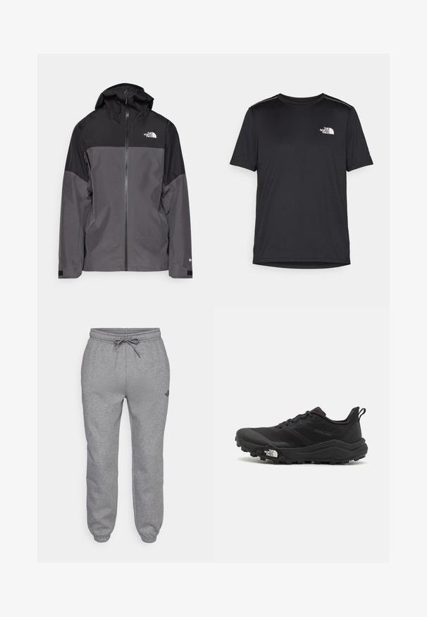 Pelēks ūdensnecaurlaidīgs mētelis ar melnu augšējo daļu, ar rāvējslēdzēja priekšpusi, regulējamu kapuci un elastīgām aprocēm. Iekļauj logotipu uz krūtīm un piedurknēm.; Melnas īsām piedurknēm T-kreklas, izgatavots no viegla auduma. Uz kreisā krūtīm ir neliels balts logo un smalki plecu akcenti.; The North Face SIMPLE DOME REGULAR TAPERED JOGGER - Treniņtērpa apakšdaļas - medium grey heather; Melnas taku skriešanas kurpes ar teksturētu virsu, gumijas zoli un pastiprinātu pirkstu daļu. Aprīkotas ar mīkstu apkakli un vilkšanas cilpu, lai viegli uzvilktu.