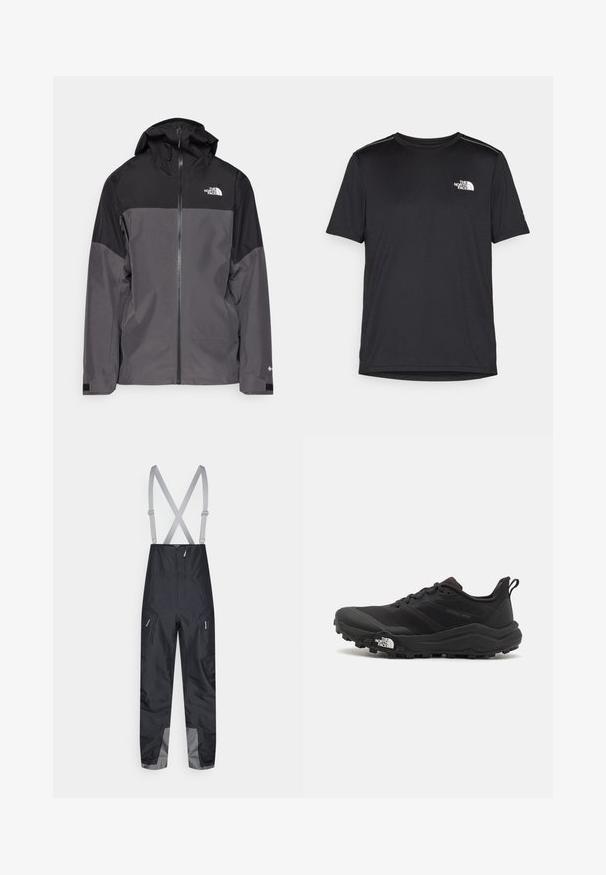 Gray waterproof jacket with a black upper section, zippered front, adjustable hood, and elastic cuffs. Features logo on chest and sleeve.; Black short-sleeve T-shirt made from lightweight fabric. Features a small white logo on the left chest and subtle shoulder accents.; Black waterproof overalls with adjustable gray suspenders, featuring side pockets and gray accents at the hems for added durability.; Black trail running shoe with a textured upper, rubber sole, and reinforced toe cap. Features a padded collar and pull tab for easy wear.