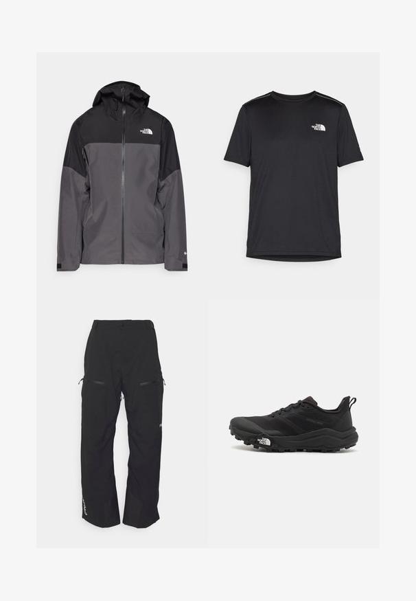 Giacca impermeabile grigia con sezione superiore nera, zip frontale, cappuccio regolabile e polsini elasticizzati. Presenta il logo sul petto e sulla manica.; T-shirt nero a maniche corte realizzata in tessuto leggero. Presenta un piccolo logo bianco sul lato sinistro del petto e delicati dettagli sulle spalle.; Oakley TNP LINED SHELL PANT 2.0 - Pantaloni da snowboard - blackout; Scarpa da trail running nera con tomaia texture, suola in gomma e punta rinforzata. Presenta un collare imbottito e un tassello per un indossamento facile.