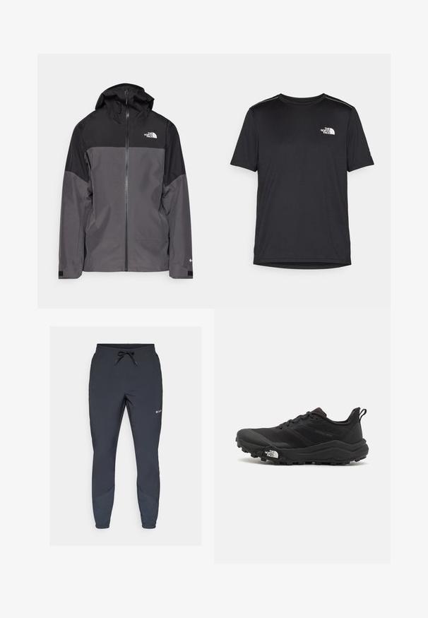 Grå vattentät jacka med svart övre del, dragkedja fram, justerbar huva och elastiska ärmslut. Har logotyp på bröstet och ärmen.; Svart kortärmad T-shirt i lättviktig tyg. Har en liten vit logotyp på vänster bröst och subtila axeltoner.; Svarta lätta joggerbyxor med resårmidja och justerbar dragsko. Har smalnande ben och sidopaneler i en mörkare nyans.; Svart terränglöparsko med en strukturerad ovandel, gummisula och förstärkt tåhätta. Har en vadderad krage och en dragflik för enkel påtagning.