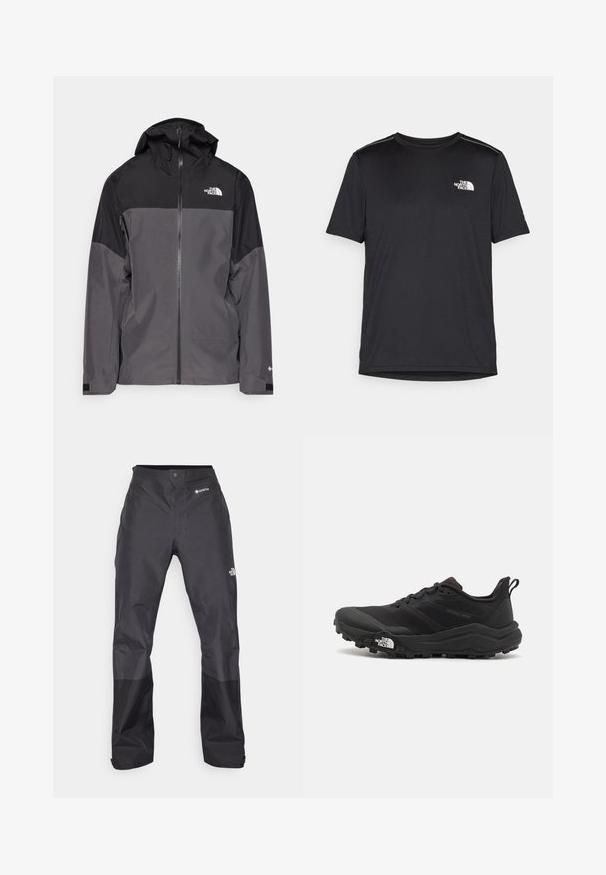 Pelēks ūdensnecaurlaidīgs mētelis ar melnu augšējo daļu, ar rāvējslēdzēja priekšpusi, regulējamu kapuci un elastīgām aprocēm. Iekļauj logotipu uz krūtīm un piedurknēm.; Melnas īsām piedurknēm T-kreklas, izgatavots no viegla auduma. Uz kreisā krūtīm ir neliels balts logo un smalki plecu akcenti.; Melni ūdensnecaurlaidīgi bikses ar gludu tekstūru, ar GORE-TEX logo priekšpusē un pastiprinātiem apakšējiem matiņiem izturībai.; Melnas taku skriešanas kurpes ar teksturētu virsu, gumijas zoli un pastiprinātu pirkstu daļu. Aprīkotas ar mīkstu apkakli un vilkšanas cilpu, lai viegli uzvilktu.