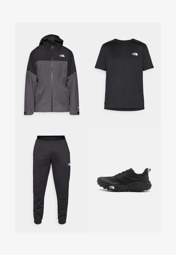 Chaqueta impermeable gris con sección superior negra, cierre frontal con cremallera, capucha ajustable y puños elásticos. Presenta un logo en el pecho y la manga.; Camiseta negra de manga corta hecha de tejido ligero. Presenta un pequeño logo blanco en el lado izquierdo del pecho y sutiles acentos en los hombros.; Pantalones de chándal negros hechos de tela suave, con un diseño ajustado, cintura elástica y detalle del logo en la pierna derecha.; Zapatilla de trail running negra con upper texturizado, suela de goma y puntera reforzada. Presenta un collar acolchado y una lengüeta para poner y quitar fácilmente.