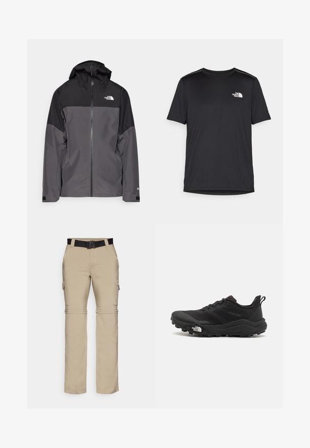 Siva vodoodbojna jakna z črnim zgornjim delom, zadrgo spredaj, nastavljivo kapuco in elastičnimi manšetami. Ima logotip na prsih in rokavih.; Črna kratkosleevena majica iz lahkotnega materiala. Ima majhen bel logo na levem prsnem delu in diskretne poudarke na ramenskem predelu.; Beige cargo hlače z zadrgo in črnim pasom. Narejene iz lahkotnega materiala, z žepi na obeh straneh in ravnim krojem.; Črne tekaške čevlje za trail s teksturirano zgornjega dela, gumijastim podplatom in ojačanim zaključkom prstov. Vključuje oblazinjen ovratnik in zanko za enostavno obuvanje.