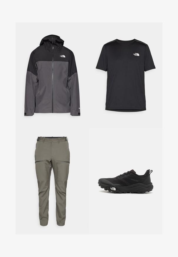 Grau wasserfeste Jacke mit schwarzem oberen Abschnitt, Reißverschluss vorne, verstellbarer Kapuze und elastischen Bündchen. Mit Logo auf der Brust und dem Ärmel.; Schwarzes T-Shirt mit kurzen Ärmeln aus leichtem Stoff. Mit einem kleinen weißen Logo auf der linken Brust und dezenten Akzenten an den Schultern.; Houdini MORE PANTS - Outdoor-Hose - baremark green; Schwarzer Trailrunning-Schuh mit strukturiertem Obermaterial, Gummisohle und verstärkter Zehenkappe. Verfügt über einen gepolsterten Kragen und eine Ziehlasche für einfaches Anziehen.