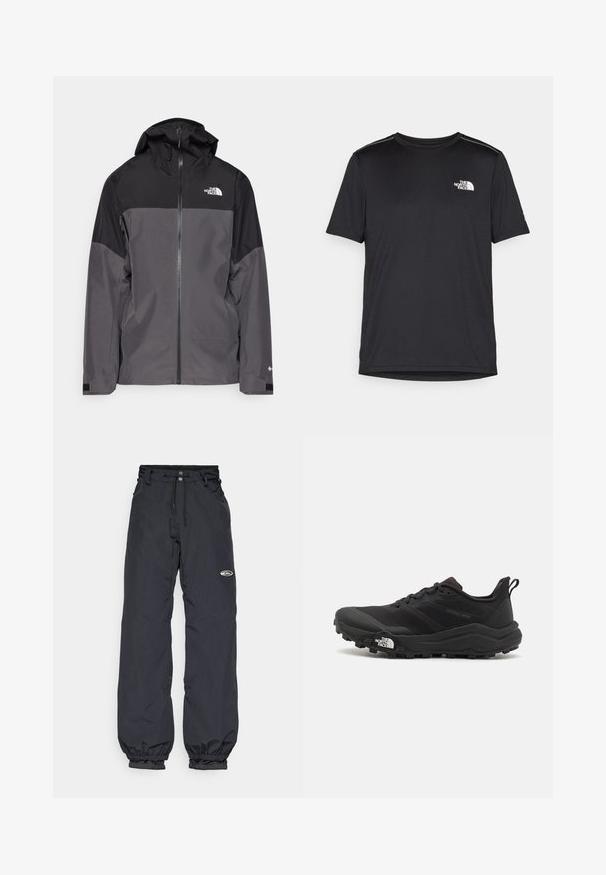 Giacca impermeabile grigia con sezione superiore nera, zip frontale, cappuccio regolabile e polsini elasticizzati. Presenta il logo sul petto e sulla manica.; T-shirt nero a maniche corte realizzata in tessuto leggero. Presenta un piccolo logo bianco sul lato sinistro del petto e delicati dettagli sulle spalle.; Pantaloni impermeabili neri con cintura regolabile, polsini elasticizzati e un piccolo logo in tessuto sulla coscia; tessuto leggero.; Scarpa da trail running nera con tomaia texture, suola in gomma e punta rinforzata. Presenta un collare imbottito e un tassello per un indossamento facile.