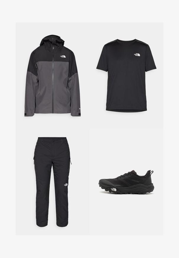 Pilkas vandeniui atsparus švarkas su juodu viršutiniu įdėklu, užtrauktuku priekyje, reguliuojamu gaubtu ir elastingomis rankovėmis. Yra logotipas ant krūtinės ir rankovės.; Juodas trumpas rankovės marškinėliai, pagaminti iš lengvos medžiagos. Yra mažas baltas logotipas kairiajame krūtinės pusėje ir subtilūs pečių akcentai.; The North Face WINTER EXPLORATION TAPERED CARGO - Lauko kelnės - black; Juoda bėgimo batai su tekstūruotu paviršiumi, guma padais ir sustiprinta pirštų dalimi. Yra paminkštinta apykaklė ir kilpos, leidžiančios lengvai užsidėti.
