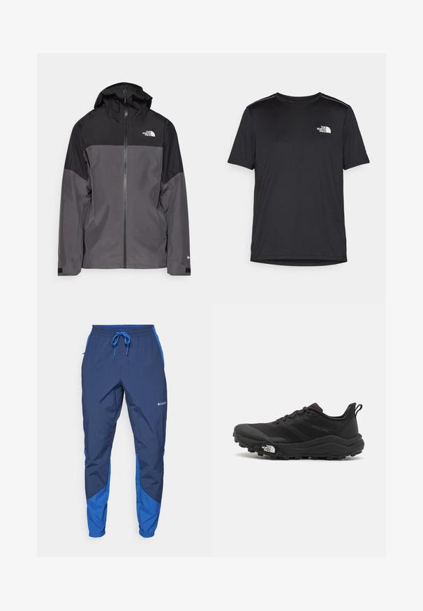Szürke vízálló dzseki fekete felső résszel, cipzáros elülső rész, állítható kapucni és rugalmas mandzsetta. A mellkason és az ujjon logóval ellátva.; Fekete, rövid ujjú póló, könnyű anyagból készült. Bal mellen egy kis fehér logó található, és finom vállrész kiemelések.; Columbia COLUMBIA TECH™ PANT - Szabadtéri nadrágok - collegiate navy; Fekete terepfutó cipő, textúrált felső résszel, gumitalppal és megerősített lábujjrészével. Párnázott bokarésszel és húzófüllel rendelkezik a könnyű felhúzáshoz.
