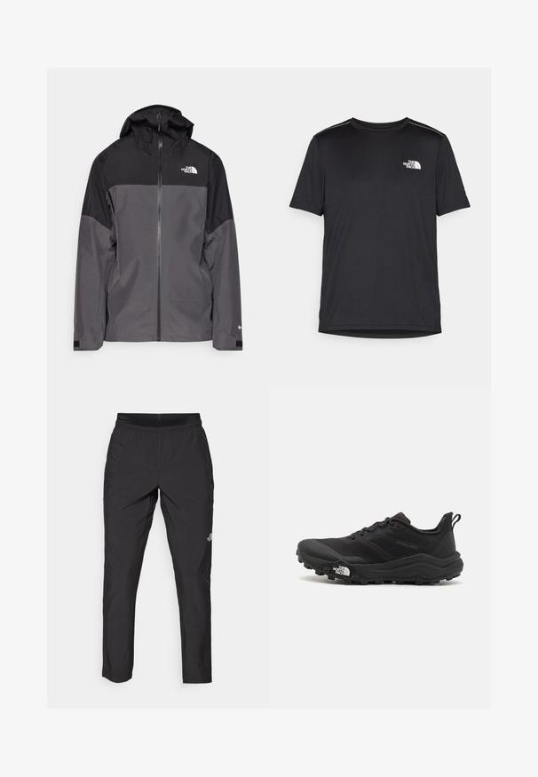 Siva vodootporna jakna s crnim gornjim dijelom, s patentnim zatvaračem sprijeda, podesivim kapuljačom i elastičnim manžetama. Ima logo na prsima i rukavu.; Crna majica kratkih rukava izrađena od lagane tkanine. Ima mali bijeli logo na lijevoj strani grudi i suptilne naglaske na ramenima.; Crne sportske hlače s elastičnim pojasom, izrađene od laganog materijala, s malim logotipom na donjem dijelu noge i ravnim krojem.; Crne trail trkačke cipele s teksturiranim gornjim dijelom, gumeni potplat i ojačana zaštita za prste. Imaju podstavljen ovratnik i trakicu za lakše obuvanje.