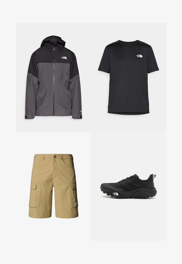 Harmaa vedenpitävä takki, jossa on musta yläosa, vetoketjullinen etuosa, säädettävä huppu ja joustavat hihansuut. Rinnassa ja hihassa on logo.; Mustapaita lyhyillä hihoilla, joka on valmistettu kevyestä kankaasta. Siinä on pieni valkoinen logo vasemmassa rinnassa ja huomaamattomia olkakoristeita.; Beige cargo shorts, jotka on valmistettu kevyestä kankaasta, jossa on kaksi sivutaskua ja kaksi cargo-taskua. Mukana nappikiinnitys ja vyölenkit.; Musta maastojuoksukengät, joissa on teksturoitu päällinen, kumipohja ja vahvistettu varvastoppia. Varusteena pehmustettu nilkkakappale ja vetotappi helppoa pukemista varten.