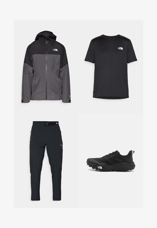 Šedá nepromokavá bunda s černou horní částí, zipem vpředu, nastavitelnou kapucí a elastickými manžetami. Na hrudi a rukávu je logo.; Černé tričko s krátkým rukávem vyrobené z lehkého materiálu. Má malé bílé logo na levé části hrudi a decentní akcenty na ramenech.; Columbia ESSENTIAL HIKE™ PANT - Outdoorové kalhoty - black; Černé trailové běžecké boty s texturovaným svrškem, gumovou podrážkou a vyztuženou špičkou. Obsahují polstrovaný límec a poutko pro snadné obouvání.