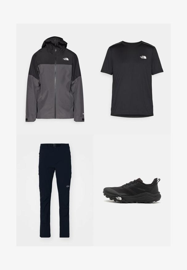 Siva vodootporna jakna s crnim gornjim dijelom, s patentnim zatvaračem sprijeda, podesivim kapuljačom i elastičnim manžetama. Ima logo na prsima i rukavu.; Crna majica kratkih rukava izrađena od lagane tkanine. Ima mali bijeli logo na lijevoj strani grudi i suptilne naglaske na ramenima.; Berghaus TRAIL EXPLORER PANT - Hlače za otvoreno - black; Crne trail trkačke cipele s teksturiranim gornjim dijelom, gumeni potplat i ojačana zaštita za prste. Imaju podstavljen ovratnik i trakicu za lakše obuvanje.
