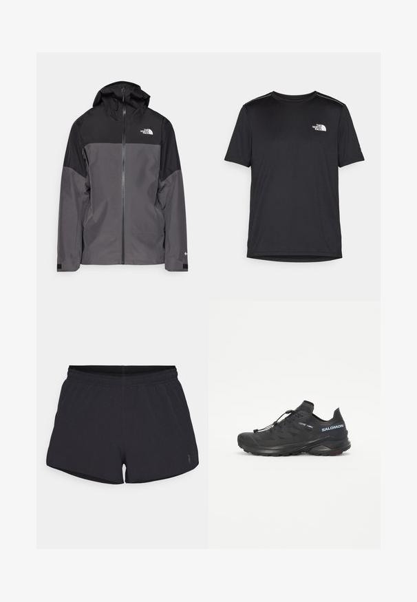 Pilkas vandeniui atsparus švarkas su juodu viršutiniu įdėklu, užtrauktuku priekyje, reguliuojamu gaubtu ir elastingomis rankovėmis. Yra logotipas ant krūtinės ir rankovės.; Juodas trumpas rankovės marškinėliai, pagaminti iš lengvos medžiagos. Yra mažas baltas logotipas kairiajame krūtinės pusėje ir subtilūs pečių akcentai.; Juodos sportinės šortai, pagaminti iš struktūruoto medžiagos, su elastinga juosmens juosta, ant apatinės priekinės dalies esantis subtilus logotipas.; Juodas taktinės bėgimo batelis su tekstūruotu viršumi, elastinėmis raištelėmis ir Contagrip padu. Turi tvirtą prigludimą ir apsauginį kojų dangtelį.