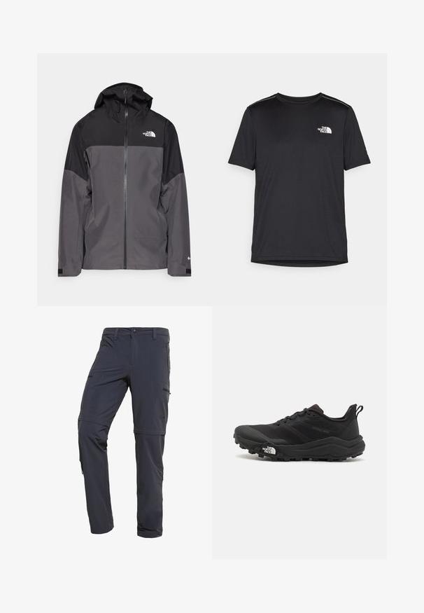 Grau wasserfeste Jacke mit schwarzem oberen Abschnitt, Reißverschluss vorne, verstellbarer Kapuze und elastischen Bündchen. Mit Logo auf der Brust und dem Ärmel.; Schwarzes T-Shirt mit kurzen Ärmeln aus leichtem Stoff. Mit einem kleinen weißen Logo auf der linken Brust und dezenten Akzenten an den Schultern.; The North Face EXPLORATION CONVERTIBLE PANT - Stoffhose - asphalt grey; Schwarzer Trailrunning-Schuh mit strukturiertem Obermaterial, Gummisohle und verstärkter Zehenkappe. Verfügt über einen gepolsterten Kragen und eine Ziehlasche für einfaches Anziehen.