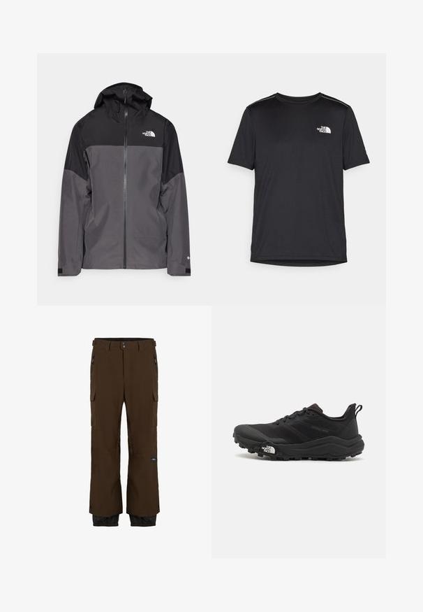 Hallide hall matroos jope, millel on must ülemine osa, lukuga esiosa, reguleeritav kapuuts ja elastsed varrukad. Selles on rinnal ja varrukal logo.; Must mustaöödiga must T-särk, mis on valmistatud kerge riidekanga. Esiküljel on vasakul rinnal väike valge logo ning õlgadel on peened aktsendid.; Pruun veekindel püksid mustade aktsentidega. Omab kahepoolsed taskud, lukuga taskut ja elastseid mansette. Valmistatud vastupidavast materjalist.; Must tume jooksujalats musta värvi, tekstuurse ülemise osaga, kummist tallaga ja tugevdatud varbaga. Omab pehmendusega krae ja tõmblinti mugavaks selga panemiseks.