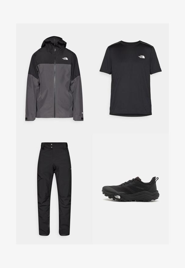 Siva vodootporna jakna s crnim gornjim dijelom, s patentnim zatvaračem sprijeda, podesivim kapuljačom i elastičnim manžetama. Ima logo na prsima i rukavu.; Crna majica kratkih rukava izrađena od lagane tkanine. Ima mali bijeli logo na lijevoj strani grudi i suptilne naglaske na ramenima.; Crne hlače za vanjski prostor izrađene od izdržljivog, laganog materijala. Imaju zip-pokat na lijevom bedru i pojas s dva gumba.; Crne trail trkačke cipele s teksturiranim gornjim dijelom, gumeni potplat i ojačana zaštita za prste. Imaju podstavljen ovratnik i trakicu za lakše obuvanje.