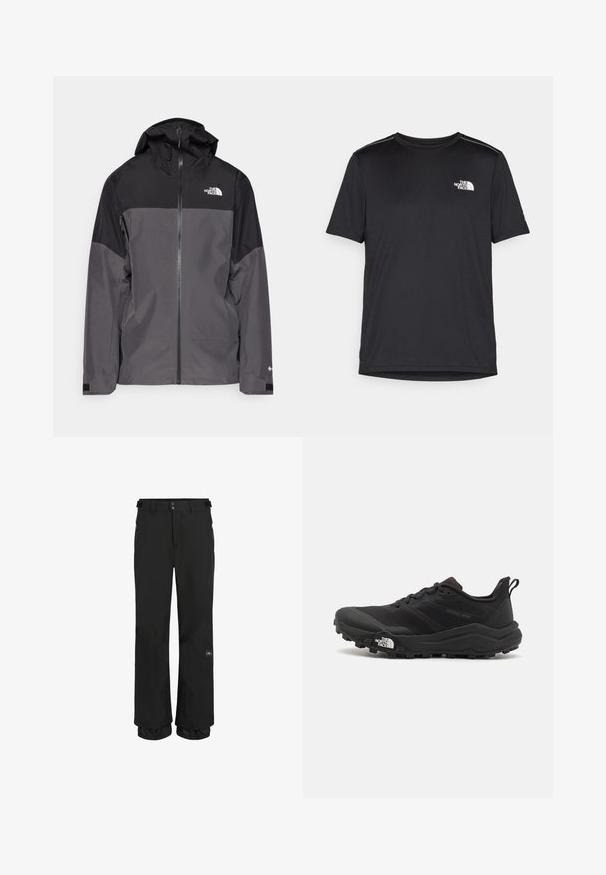 Grau wasserfeste Jacke mit schwarzem oberen Abschnitt, Reißverschluss vorne, verstellbarer Kapuze und elastischen Bündchen. Mit Logo auf der Brust und dem Ärmel.; Schwarzes T-Shirt mit kurzen Ärmeln aus leichtem Stoff. Mit einem kleinen weißen Logo auf der linken Brust und dezenten Akzenten an den Schultern.; Schwarze Skihosen aus wasserdichtem Material mit lockerer Passform. Zu den Merkmalen gehören Reißverschlusstaschen und verstellbare Bündchen für einen sicheren Sitz.; Schwarzer Trailrunning-Schuh mit strukturiertem Obermaterial, Gummisohle und verstärkter Zehenkappe. Verfügt über einen gepolsterten Kragen und eine Ziehlasche für einfaches Anziehen.