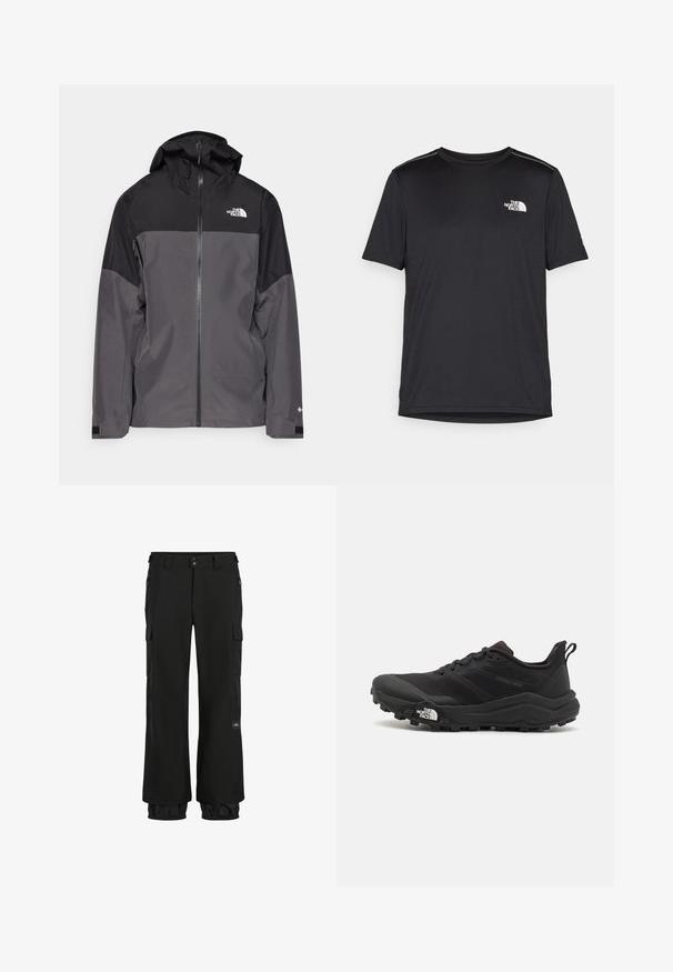 Veste imperméable grise avec une section supérieure noire, fermeture éclair à l'avant, capuche ajustable et poignets élastiques. Présente un logo sur la poitrine et la manche.; T-shirt noir à manches courtes en tissu léger. Présente un petit logo blanc sur la poitrine gauche et des accents subtils aux épaules.; Pantalons cargo noirs avec une coupe ample, fabriqués en tissu durable. Les caractéristiques comprennent des poches zippées, des poignets élastiques et un patch logo.; Chaussure de trail running noire avec une tige texturée, semelle en caoutchouc et bout renforcé. Présente un col rembourré et une tirette pour un enfilage facile.