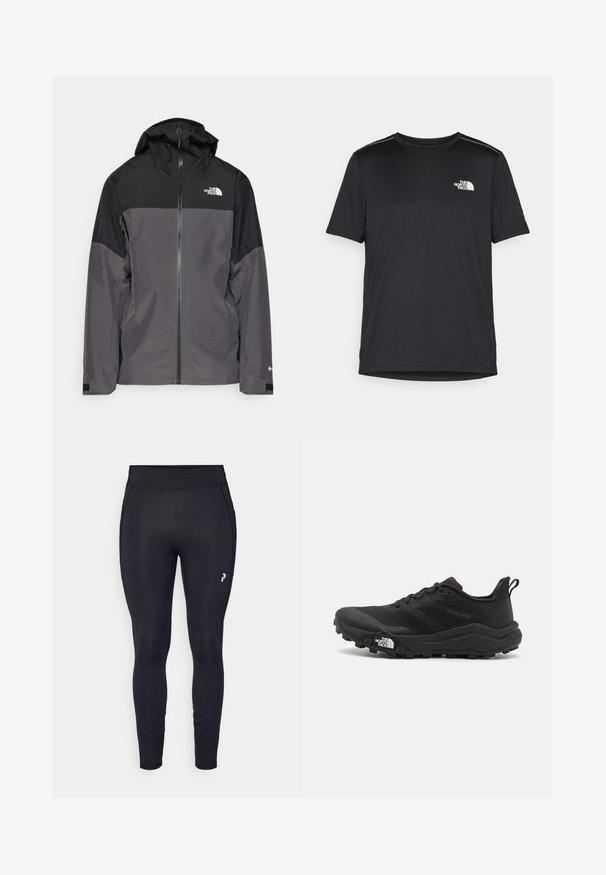Veste imperméable grise avec une section supérieure noire, fermeture éclair à l'avant, capuche ajustable et poignets élastiques. Présente un logo sur la poitrine et la manche.; T-shirt noir à manches courtes en tissu léger. Présente un petit logo blanc sur la poitrine gauche et des accents subtils aux épaules.; Leggings de sport noirs en tissu extensible. Comprennent une taille haute, une texture lisse et un petit logo sur le côté.; Chaussure de trail running noire avec une tige texturée, semelle en caoutchouc et bout renforcé. Présente un col rembourré et une tirette pour un enfilage facile.