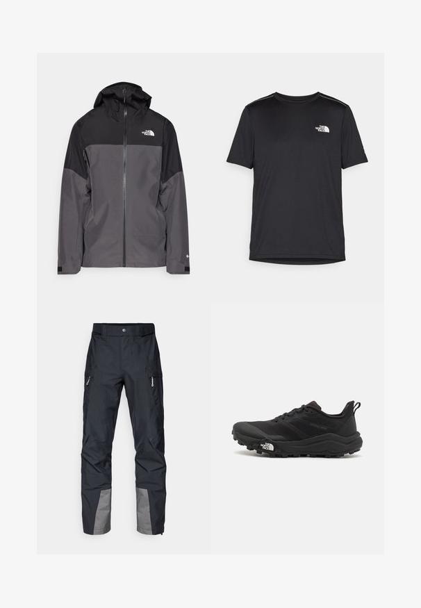 Siva vodootporna jakna s crnim gornjim dijelom, s patentnim zatvaračem sprijeda, podesivim kapuljačom i elastičnim manžetama. Ima logo na prsima i rukavu.; Crna majica kratkih rukava izrađena od lagane tkanine. Ima mali bijeli logo na lijevoj strani grudi i suptilne naglaske na ramenima.; Crne vanjske hlače ravnog kroja, s bočnim džepovima, sivoj akcenti na donjim dijelovima nogu i izrađene od izdržljivog materijala. Vodootporni dizajn.; Crne trail trkačke cipele s teksturiranim gornjim dijelom, gumeni potplat i ojačana zaštita za prste. Imaju podstavljen ovratnik i trakicu za lakše obuvanje.